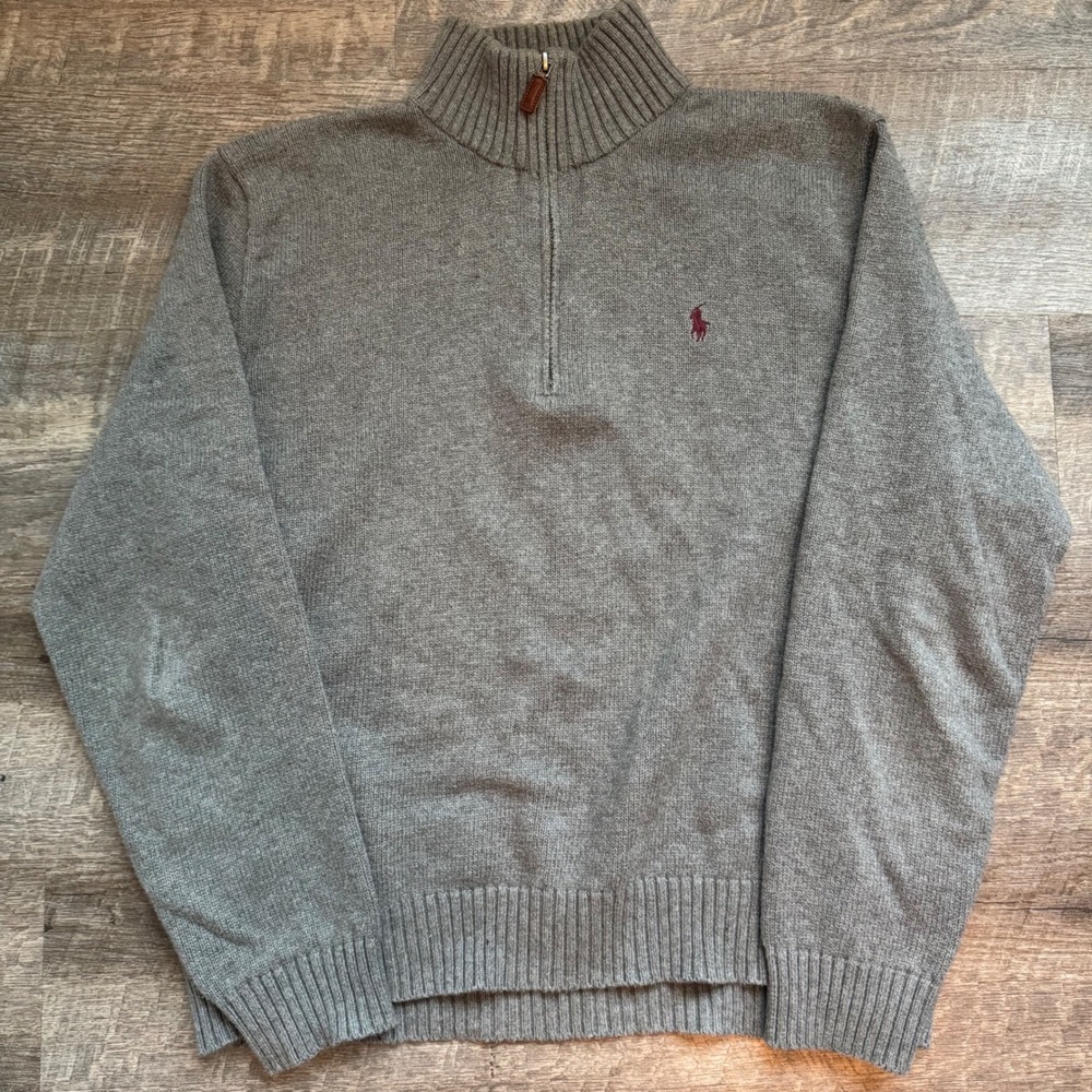 Polo Ralph Lauren Quarter Zip Sweater Large Regular Gray Cotton Pony Logo
